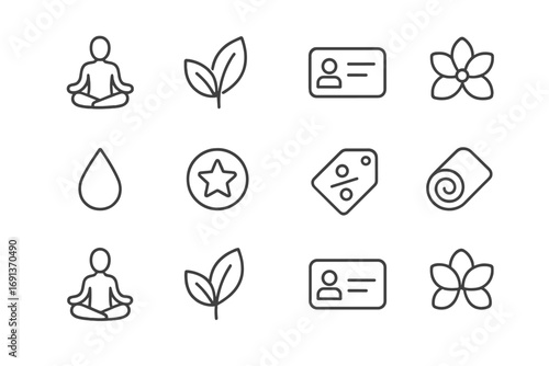 Wellness Icons Collection. Outline icon set of wellness club loyalty: yoga pose, spa leaf, membership card,