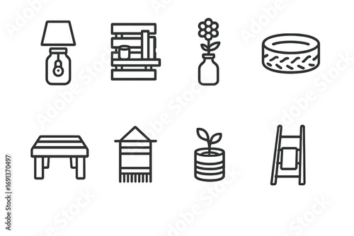 Upcycled Decor Icons. Outline icon set of upcycled home decor: mason jar lamp, pallet shelf, bottle vase, tire