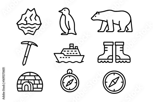 Polar Eco-Tourism Icons. Outline icon set of polar eco-tourism: iceberg, penguin, polar bear, ice pick, ship,