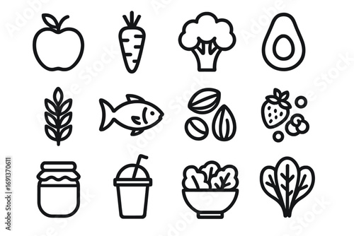 Healthy Nutrition Icons. ChatGPT сказал: Set Logo of Healthy Nutrition: apple, carrot, broccoli, avocado, wheat, fish, nuts,