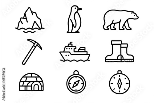 Polar Eco-Tourism Icons. Outline icon set of polar eco-tourism: iceberg, penguin, polar bear, ice pick, ship,