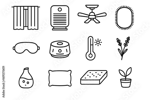 Healthy Sleep Icons. Outline icon set of healthy sleep environment: blackout curtains, air purifier, ceiling fan, soft rug, eye