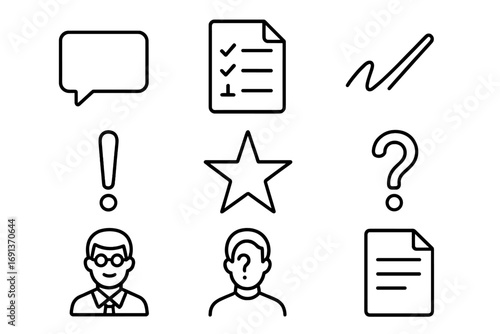 Feedback Icons Grid. Outline icon set of grading feedback: speech bubble, paper with notes, pen stroke,