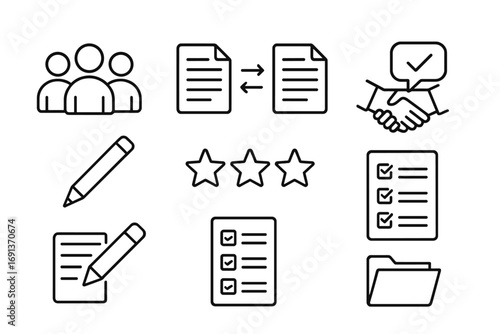 Peer Review Icons. Outline icon set of peer review: student group, exchange paper, handshake, feedback notes,