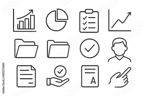 Progress Tracking Icons. Outline icon set of progress tracking: bar graph, pie chart, line chart, open folder,