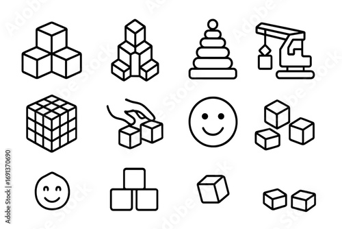 Creative Play Icons. Outline icon set of creative playtime with building blocks: cube blocks, tower, pyramid