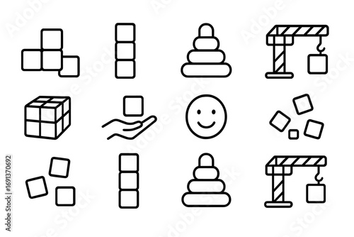 Creative Play Icons. Outline icon set of creative playtime with building blocks: cube blocks, tower, pyramid