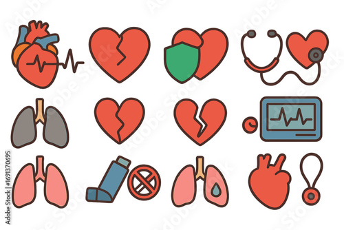 Healthy vs. Unhealthy Organs. Flat vector mini-illustrations Healthy vs. unhealthy heart in colors children's illustrations: