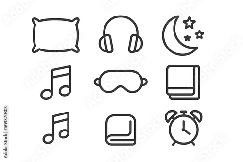Bedtime Playlist Icons. Outline icon set of calming bedtime playlists: pillow, headphones, moon, stars, music