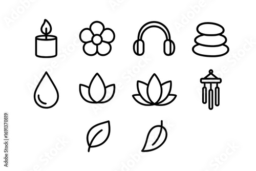 Spa Music Icons. Outline icon set of spa and wellness music: candle, flower, headphones, massage stone,