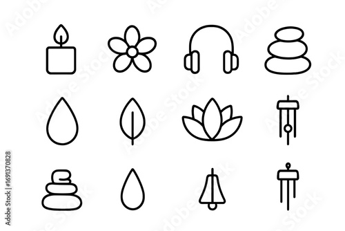 Spa Music Icons. Outline icon set of spa and wellness music: candle, flower, headphones, massage stone,