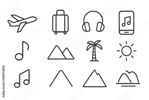 Travel Playlist Icons. Outline icon set of peaceful travel playlists: airplane, suitcase, headphones, phone,