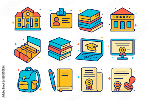 Higher Education Icons. Colorful isometric vector icons set of higher education journey: university building, student ID card,