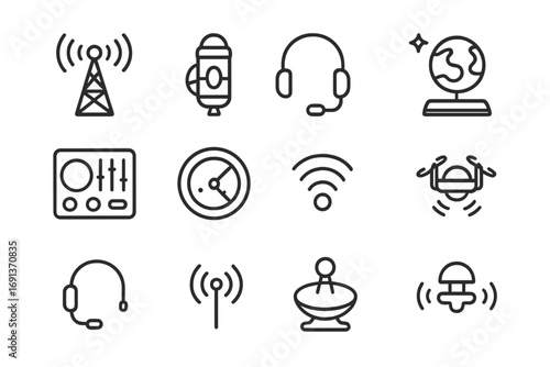 Mars Communication Icons. Outline icon set of Mars communication systems: antenna tower, satellite, headset,