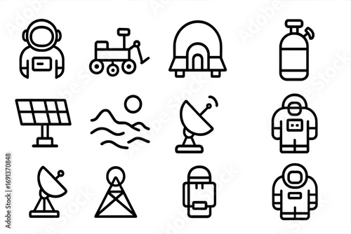 Mars Icon Set. Outline icon set of living on Mars: astronaut, Mars rover, space habitat, oxygen tank, solar