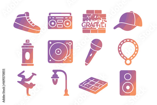 Hip-Hop Icon Set. Gradient icons set of hip-hop musical performances: sneakers, boombox, graffiti wall, baseball cap, spray can,