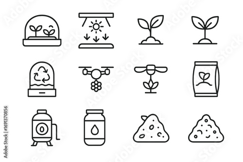 Space Farming Icons. Outline icon set of space farming on Mars: crop tray, LED grow lamp, plant sprout, water