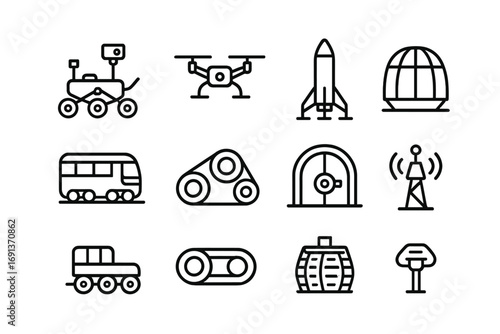 Mars Transportation Icons. Outline icon set of transportation on Mars: space rover, drone, landing rocket,