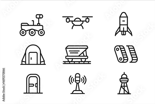 Mars Transportation Icons. Outline icon set of transportation on Mars: space rover, drone, landing rocket,