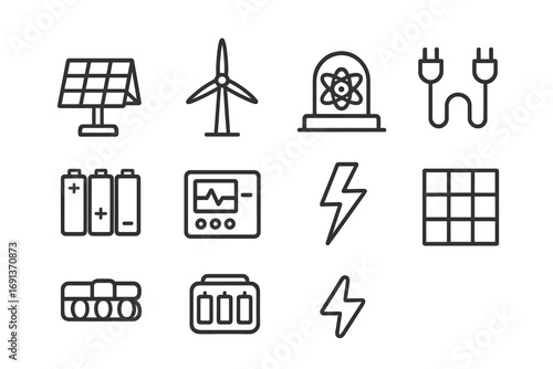 Martian Energy Icons. Outline icon set of Martian energy systems: solar panels, wind turbine, nuclear reactor,