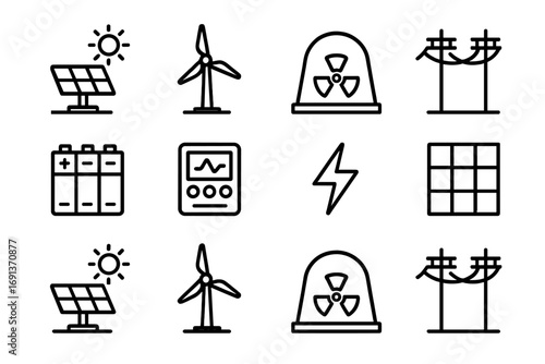 Martian Energy Icons. Outline icon set of Martian energy systems: solar panels, wind turbine, nuclear reactor,