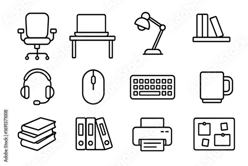 Home Office Icons. Outline icon set of home office design: swivel chair, laptop on desk, desk lamp, bookshelf, headset, mouse,