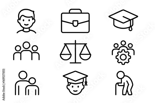 Diverse Icons Grid. Outline icon set of age diversity: young person, elderly person, briefcase, graduation cap