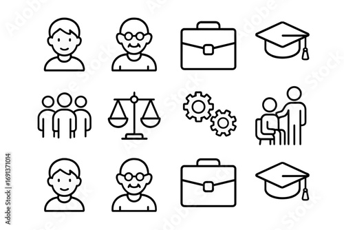 Diverse Icons Grid. Outline icon set of age diversity: young person, elderly person, briefcase, graduation cap