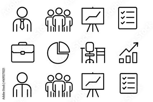 Business Manager Icons. Outline icon set of business manager overseeing project: manager figure, team group,