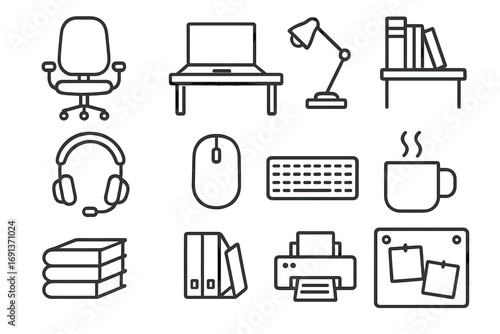 Home Office Icons. Outline icon set of home office design: swivel chair, laptop on desk, desk lamp, bookshelf, headset, mouse,
