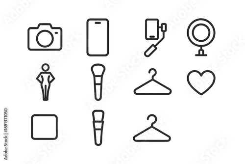 Social Media Icons. Outline icon set of modeling for social media: camera, smartphone, selfie stick, ring