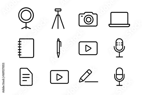 Content Creation Icons. Outline icon set of content creation: ring light, tripod, camera, laptop, notebook,