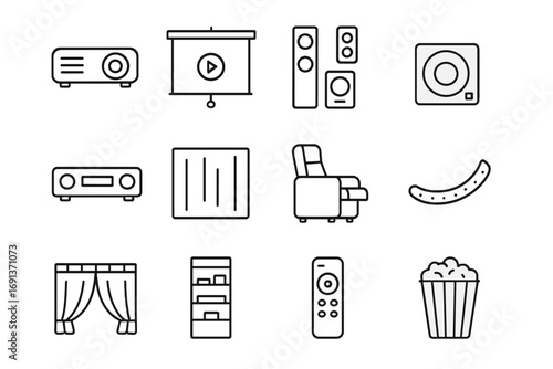 Home Theater Icons. Outline icon set of home theater and media room: projector, projection screen, surround speaker, subwoofer, AV