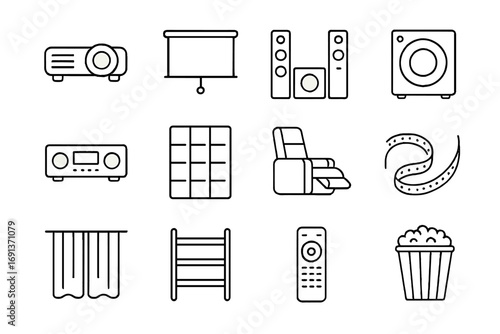 Home Theater Icons. Outline icon set of home theater and media room: projector, projection screen, surround speaker, subwoofer, AV