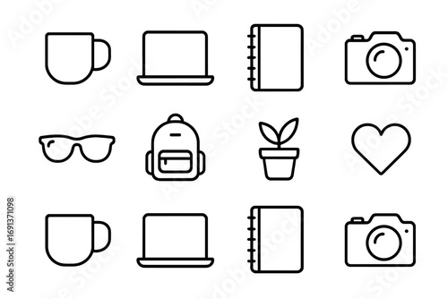 Lifestyle Icons Set. Outline icon set of lifestyle blogging: coffee mug, laptop, notebook, camera, sunglasses,