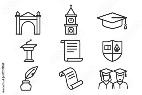 Early University Icons. Outline icon set of early universities: university gate, bell tower, graduation cap,