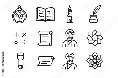 Islamic Learning Icons. Outline icon set of Islamic golden age learning: astrolabe, Arabic manuscript, minaret