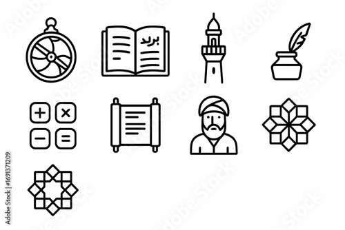 Islamic Learning Icons. Outline icon set of Islamic golden age learning: astrolabe, Arabic manuscript, minaret