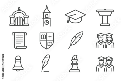 Early University Icons. Outline icon set of early universities: university gate, bell tower, graduation cap,