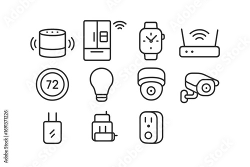 Smart Devices Icon Set. Outline icon set of smart devices and IoT: smart speaker, connected fridge, smartwatch