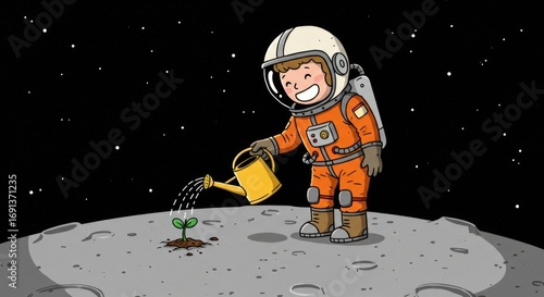 Astronaut Cultivating Life on the Moon A Cartoon Depiction of Space Gardening