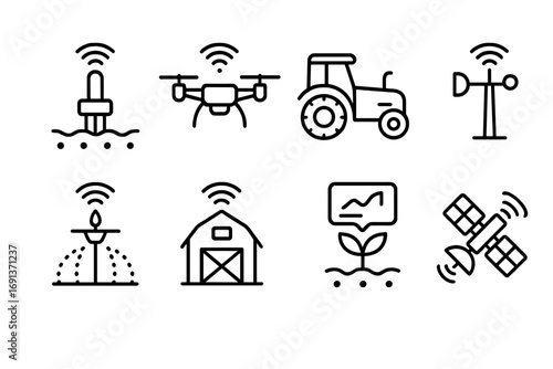 IoT Agriculture Icons. Outline icon set of IoT in agriculture: soil sensor, drone, smart tractor, weather