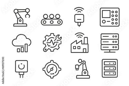 Industrial IoT Icons. Outline icon set of industrial IoT: robotic arm, conveyor belt, smart sensor, control