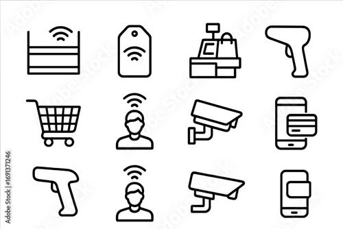 Retail IoT Icon Set. Outline icon set of IoT in retail: smart shelf, RFID tag, self-checkout, barcode scanner,
