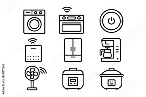 Smart Appliance Icons. Outline icon set of smart appliances: washing machine, connected oven, vacuum robot,