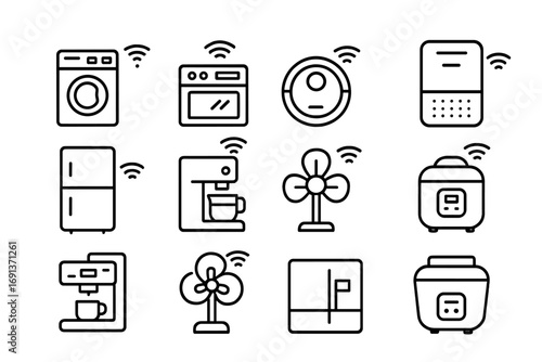 Smart Appliance Icons. Outline icon set of smart appliances: washing machine, connected oven, vacuum robot,