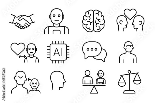Human-Robot Connection Icons. Outline icon set of human-robot relationships psychology: handshake, humanoid