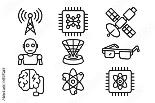 Future IoT Icons. Outline icon set of future IoT technologies: 5G tower, neural network chip, satellite, AI