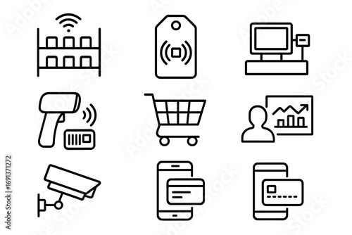 Retail IoT Icon Set. Outline icon set of IoT in retail: smart shelf, RFID tag, self-checkout, barcode scanner,