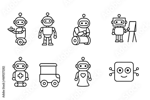 Robot Icon Collection. Outline icon set of social robots: service robot, humanoid robot, elder care bot,